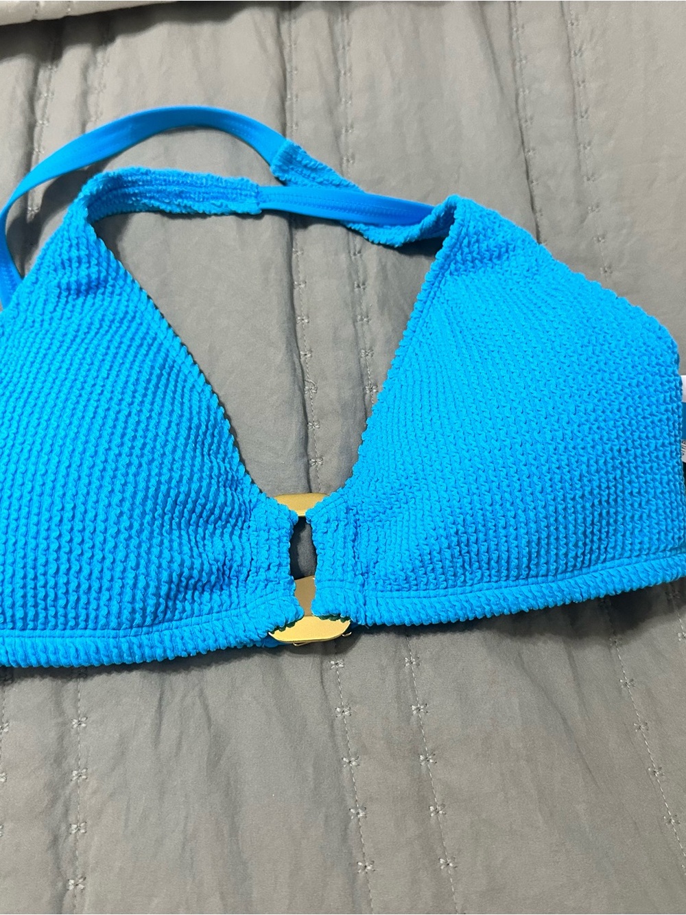 Bleu Rod Beattie Bright Blue Textured Halter Bikini Top with Gold Accent
